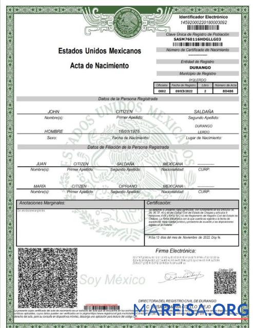 Downloadable Mexico birth certificate Word and PDF template, version 2